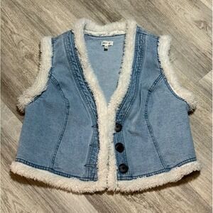 SELF E Denim Sherpa Lined Vest Women's Size L Blue Faux Fur Trim
